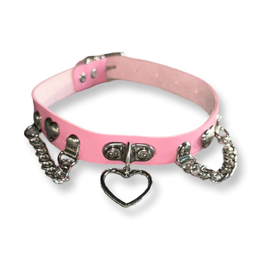 Roze BDSM Halsband met Metalen Hartje en Hangende Kettingen – Luxe BDSM Accessoire